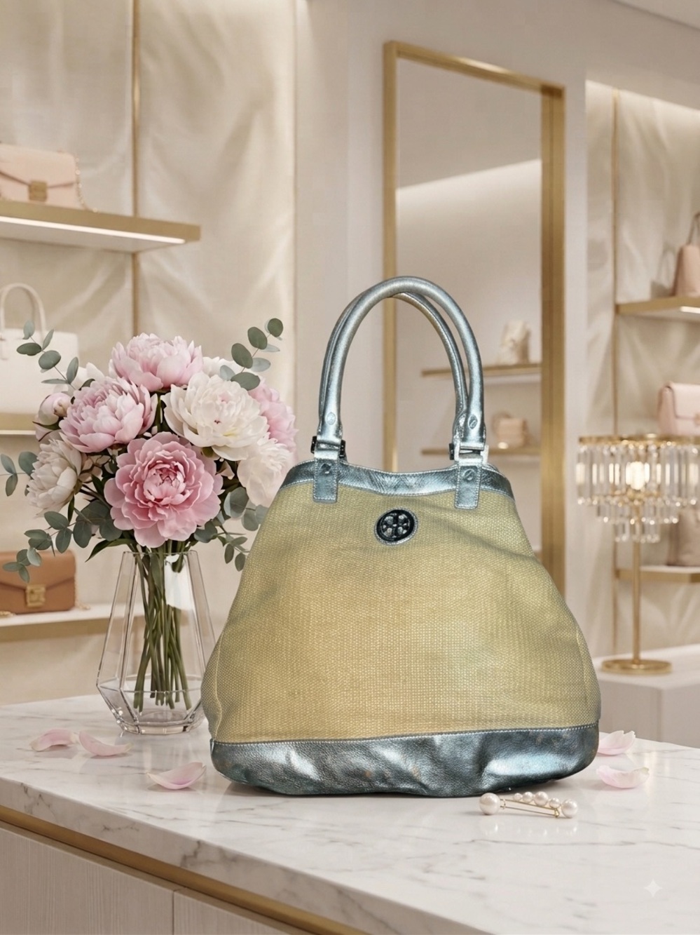 Tory Burch straw and metallic tote bag